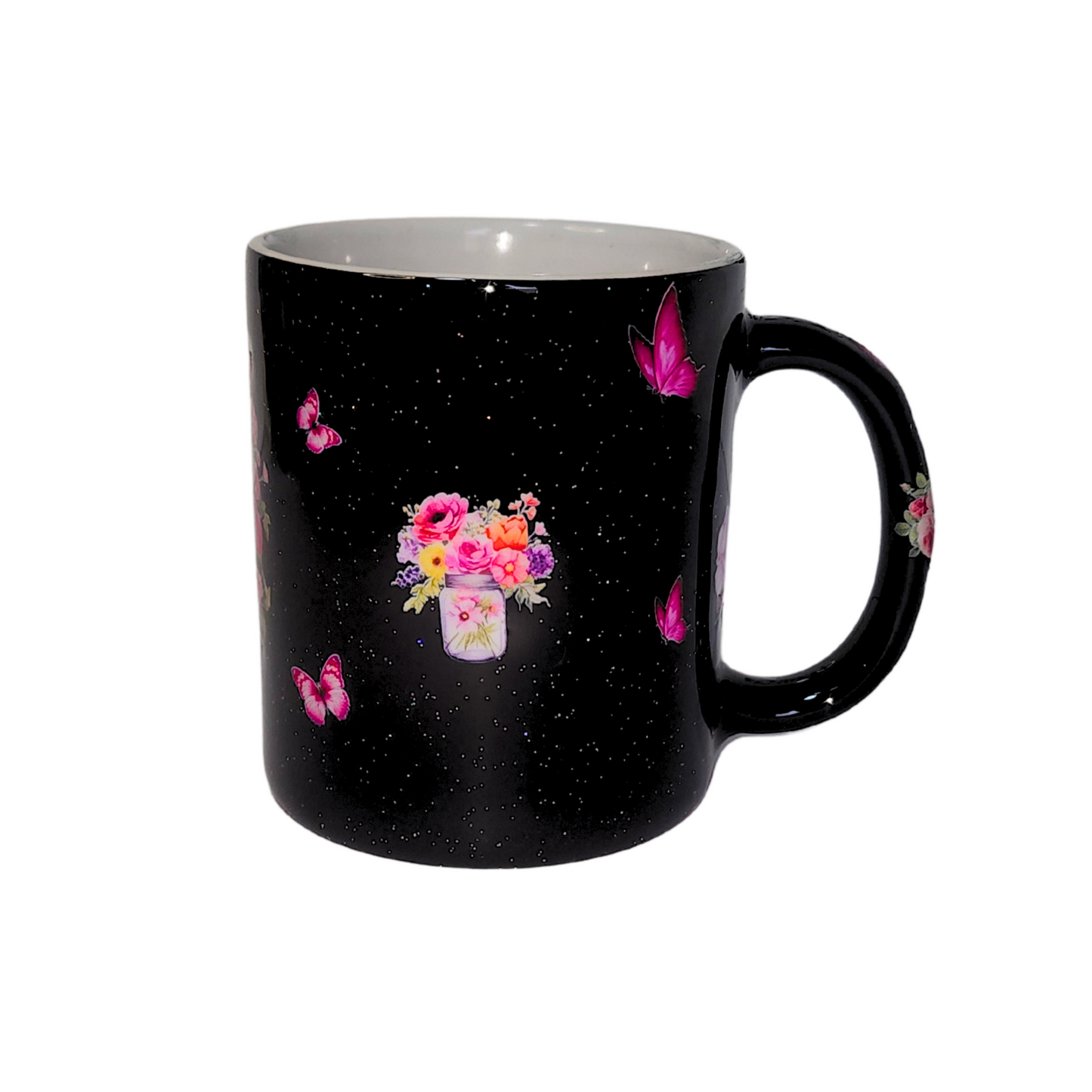 Taza Negra de Flores Rosa