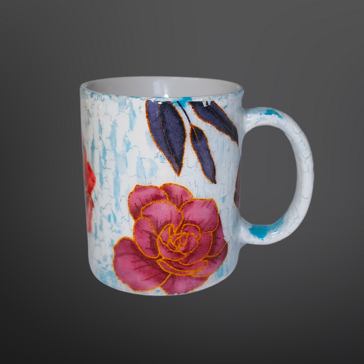 Taza Azul de Flores Rojas