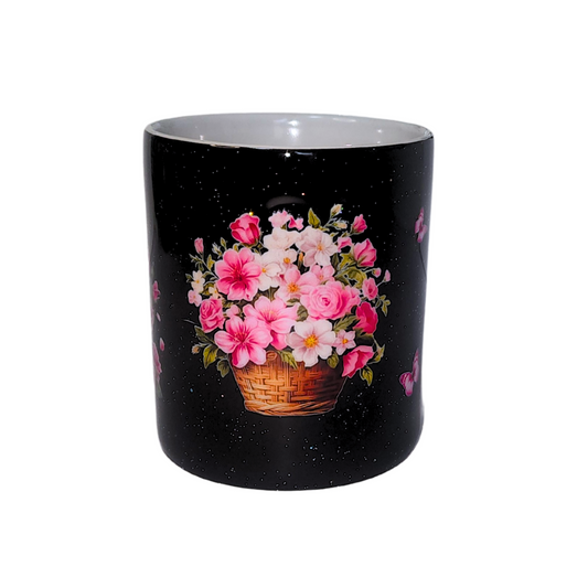 Taza Negra de Flores Rosa